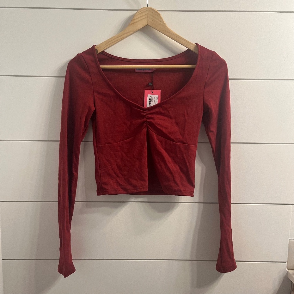 Edikted Red Maroon Long Sleeve Top Nat Ruched Burgundy Cropped Sweetheart Size S
